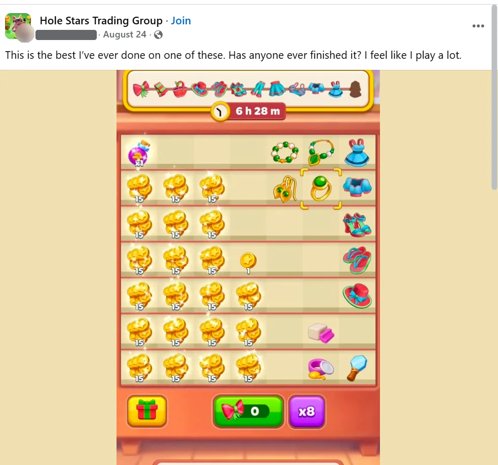 Screenshot of the Hole Stars Trading Group post: "This is the best I've ever done on one of these. Has anyone ever finished it? I feel like I play a lot." The Dreamy Closet shows one item left, 0 bows and 6h 28m on the event timer.