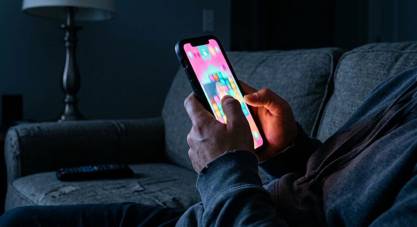 Hands holding an iPhone in a dark living room, the screen glowing with a colorful puzzle game
