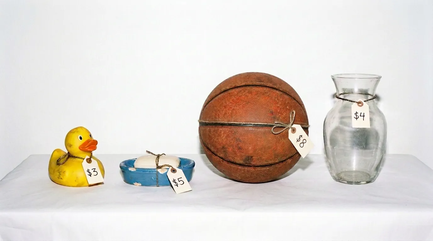 A worn rubber duck, a chipped blue soap dish with a bar of soap, a faded basketball and an empty glass vase sit on a white tablecloth, each tied with twine to a handwritten price tag of $3, $5, $8 and $4
